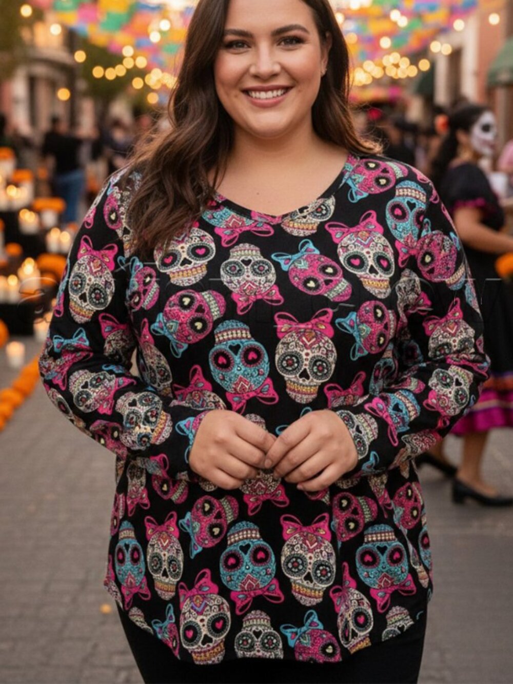 2/$16 ๐ฅโป No Boundaries Sugar Skull LS Black Pink Turquoise Blouse | XXXL | 7479